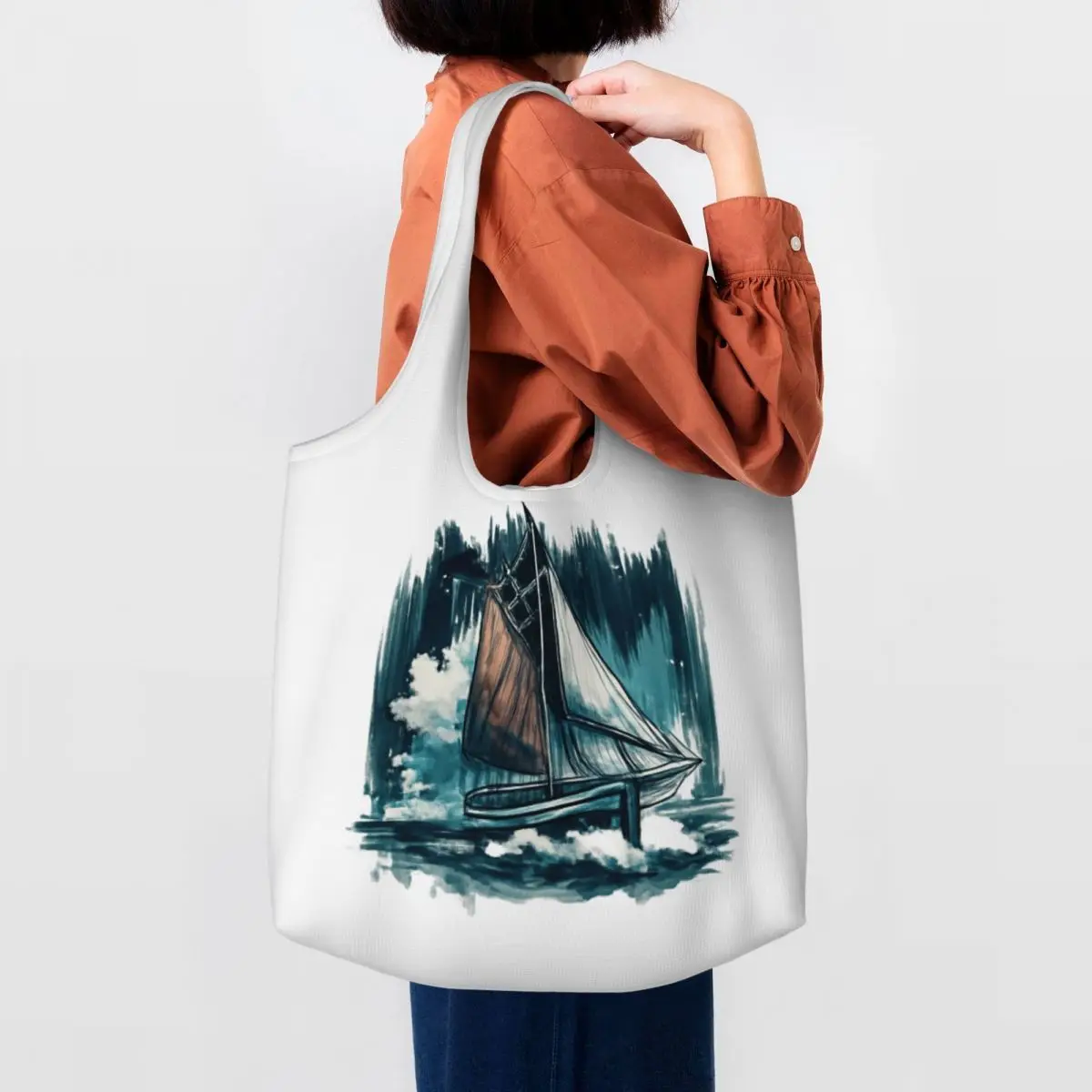 Majestic Sailboat On Turquoise Waves Large Capacity Canvas Tote Bag Single Shoulder Commute Bag For Women Eco-Friendly Shopping