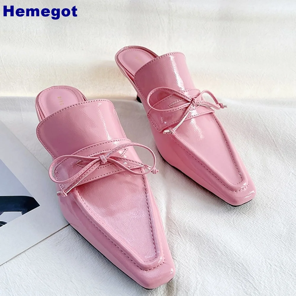 

Square Toe Bow Patent Leather Slippers New Summer Outdoor Casual Street Thin Heel Mules Solid Color Slip-On Fashion Women Slides