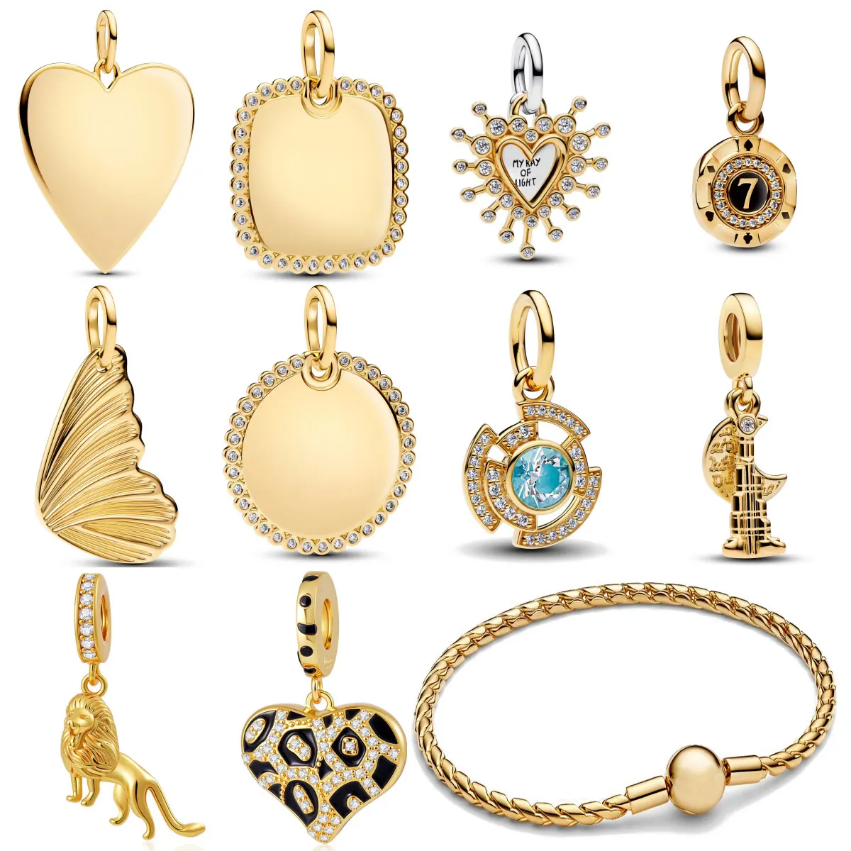 18K مطلية بالذهب دلايات كبيرة فضة 925 الأصلي للنساء مجوهرات صالح سوار فراشة القلب جولة مربع قلادة الخرز سحر