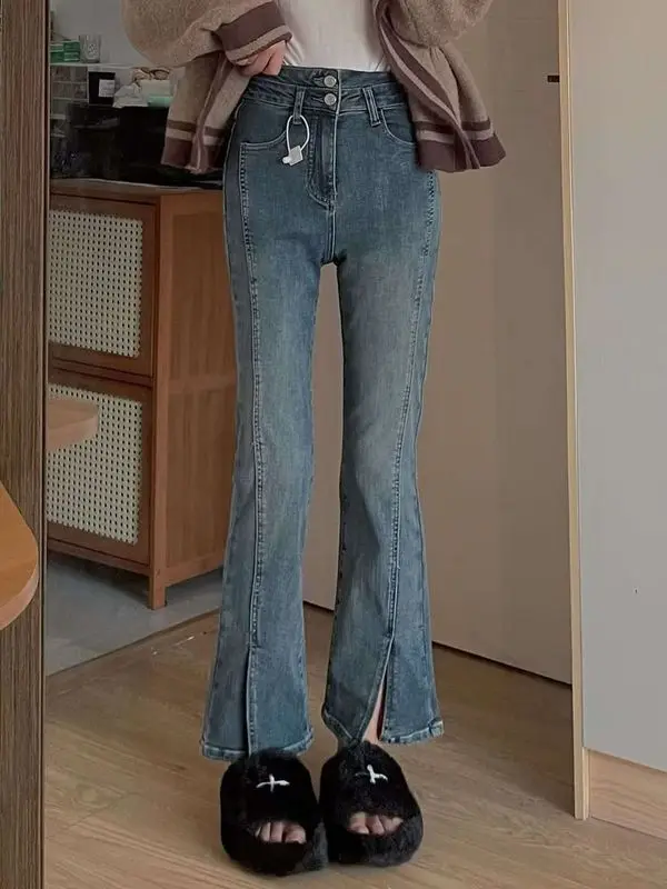 

Джинсы с высокой талией и разрезами для женщин, свободные, стройнящие, универсальные, с эффектом утяжки, средней эластичности, из синей искусственной кожи, весенняя коллекция