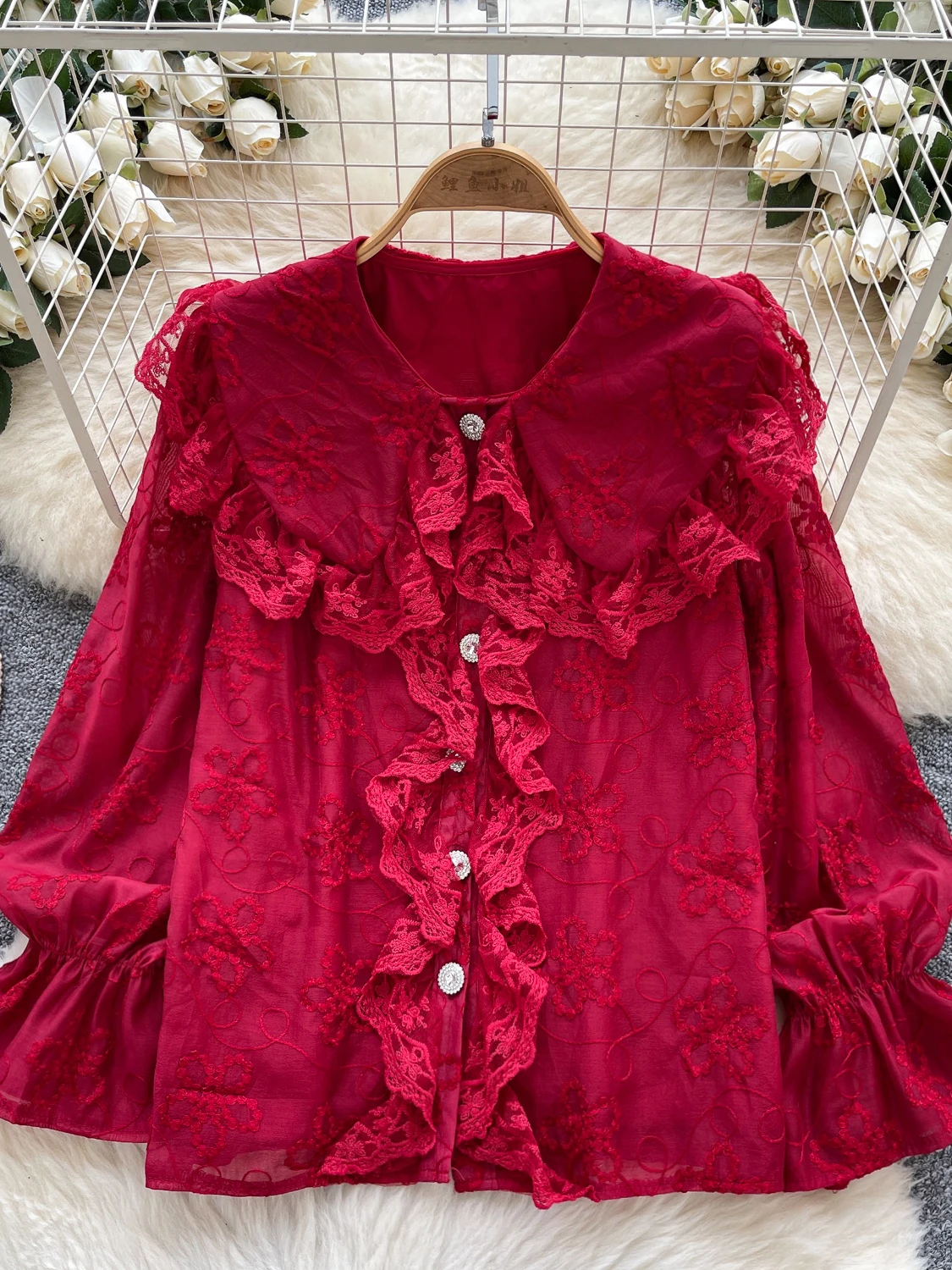 

2026 New Autumn Women Sweet Peter Pan Collar Long Sleeve Shirt Ruffles Patchwork Single Breasted Embroidery Lace Shirt Top