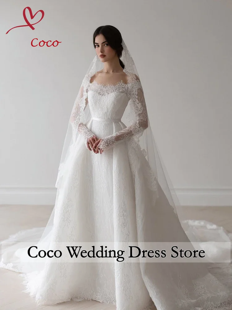 Customized Gorgeous Lace Wedding Dress for Bride Square Neck Long Sleeves Sweep Train Arabic Bridal Gown Vestido De Noiva