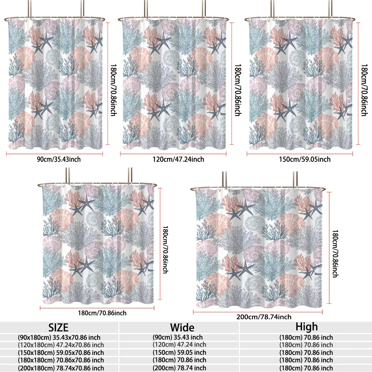 Coastal Nautical Sea Elements Starfish Coral Conch Shell Pastel Pink Blue Grey Repeat Pattern Bath curtain, Cozy Soft Warm