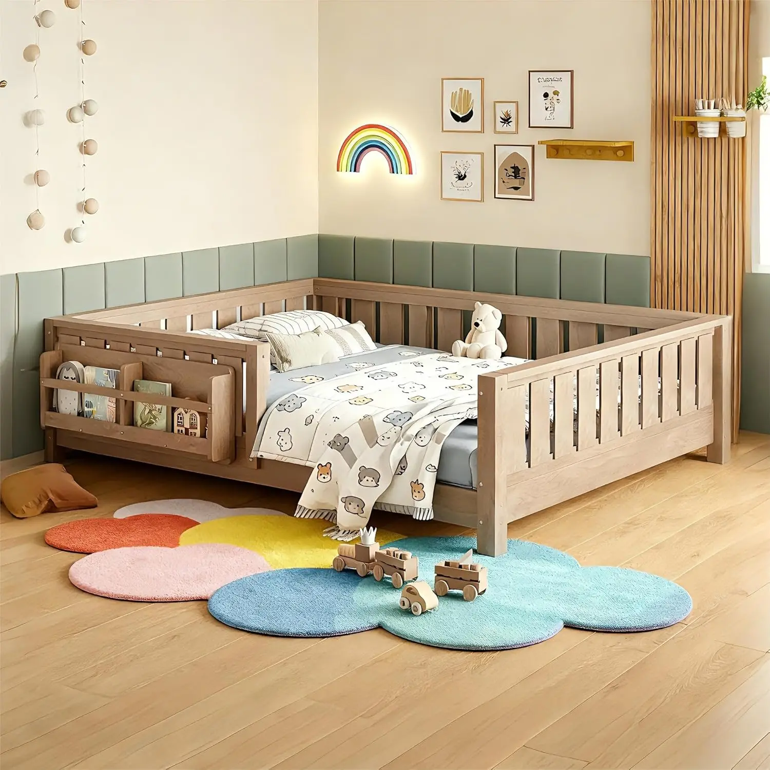 Full Size Floor Bed Frame with Fence & Bookshelf, Solid Pinewood Montessori Floor Bed Full with Slats Load 450LBS,, Customized