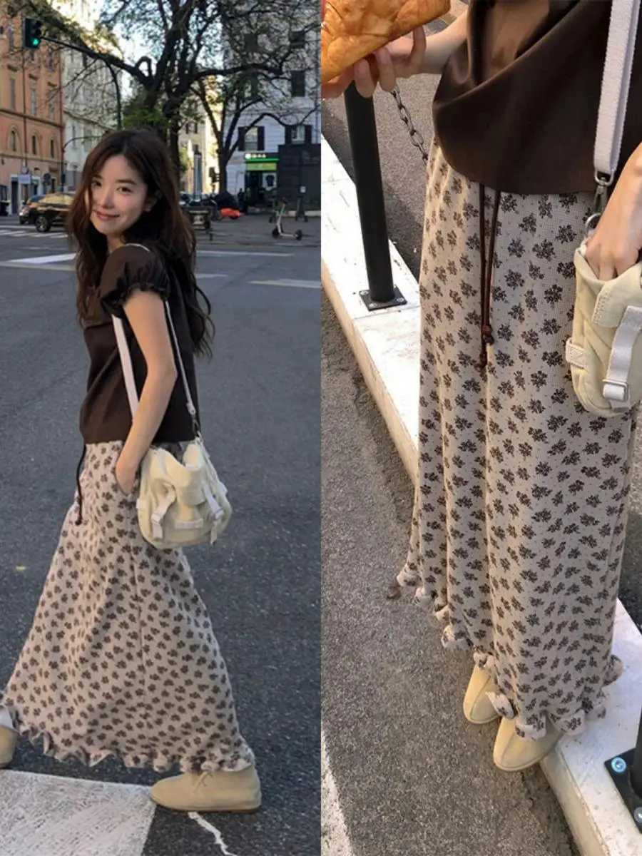 Floral Print Maxi Skirt Women's High Waist Draped Slimming Long Casual Skirt with Lace Hem Straight Cut A-Line Skirt