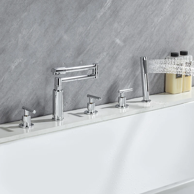 

5 Hole Bathroom Tub Sink Faucet Set Deck Mounted Roman Bathtub Faucet with Handheld Shower Hot and Cold Mixer Taps Chrome