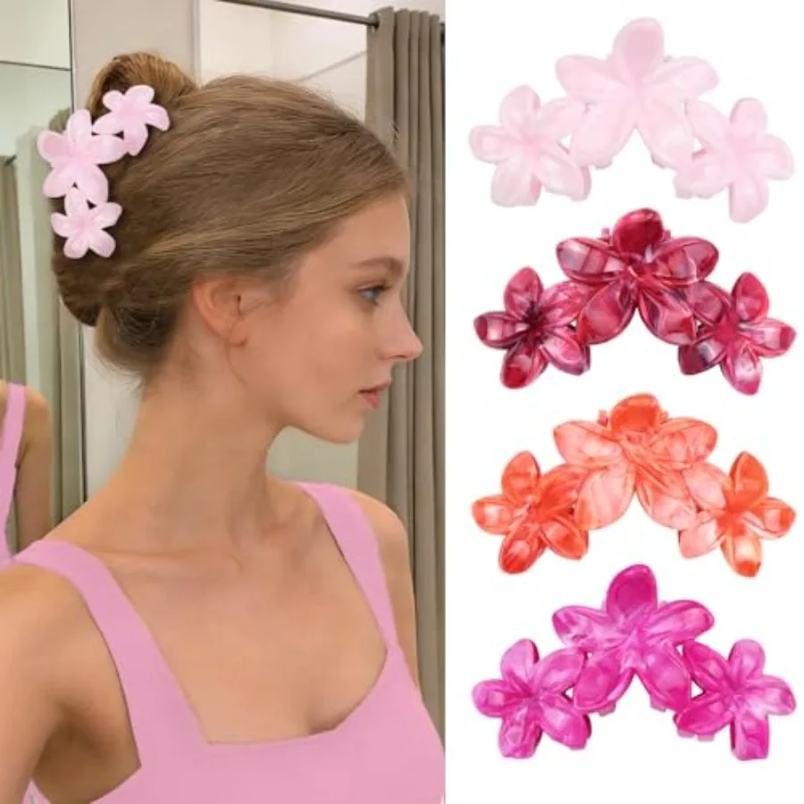 

4Pcs Cute Hawaiian Flower Claw Hair Clips for Women Pink Red Large Claw Clips for Thick Thin Hair Strong Hold Beach Hair Access