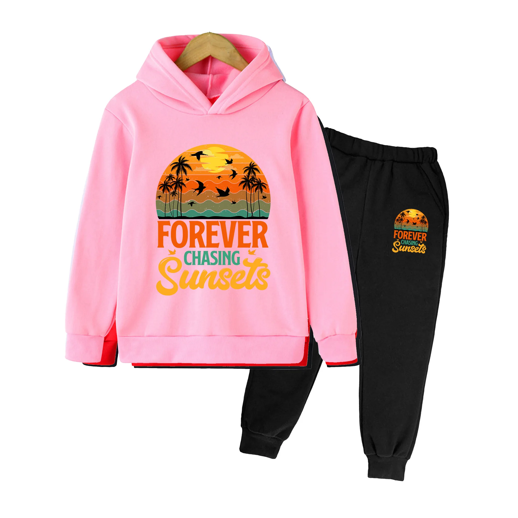 Kids Hoodie & Sweatpants Set, Retro Sunset Coconut Tree Print, Casual Outfit for Boys Girls Beach Vacation