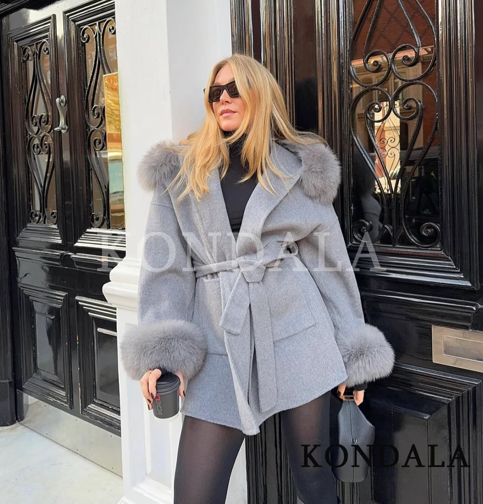 

KONDALA элегантное смешанное пальто с поясом, женское осенне-зимнее свободное пальто с капюшоном, модное уличное женское серое милое верхнее пальто 2025 года