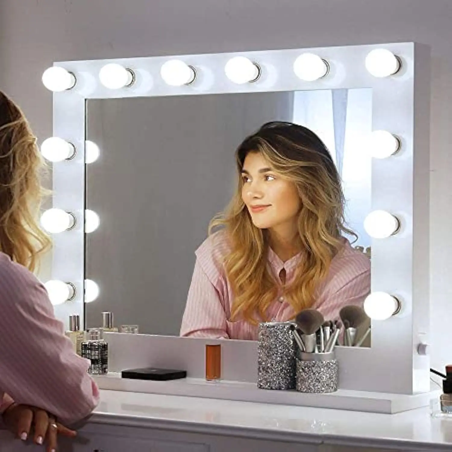 

Hollywood Vanity Mirror with Lights, Large Led Makeup Mirror for Wall, Replaceable Bulbs and Gloss Metal Frame, Outlet Include