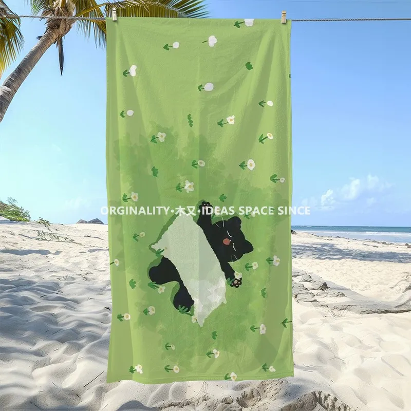 

Cute Sleeping Black Cat Floral Beach Towel Patterned Sunscreen And Windproof Suitable For Swimming Pool Camping Travel