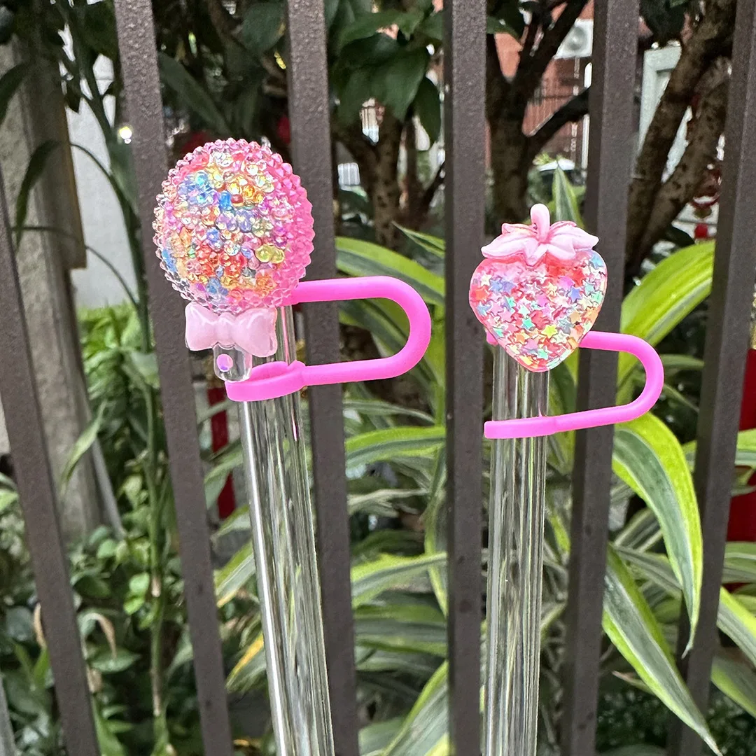 Cute Strawberry Candy Straw Covers Cap For Stanley Tumbler 10mm Cups Accessories Kawaii Silicone Straw Toppers Protector Cap