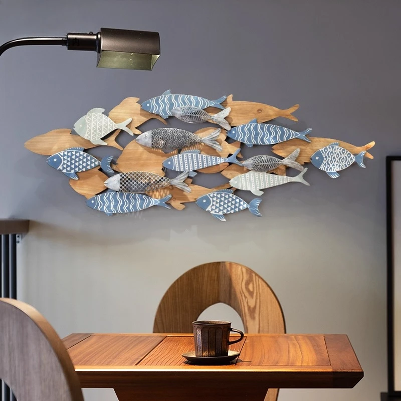 

Log living room sofa background wall decorative pendant wabi sandy wind fish school bedroom dining room wall wall hanging