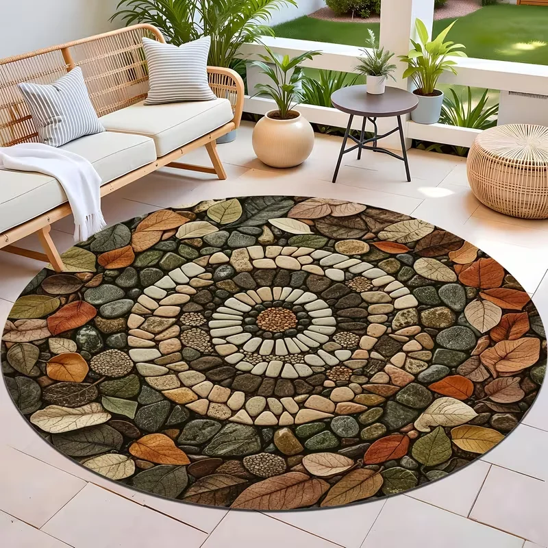 2D Optical Illusion Round Rug Pebble Leaf Mosaic Print Floor Mat Nature Style Home Decor Carpet for Living Room Bedroom