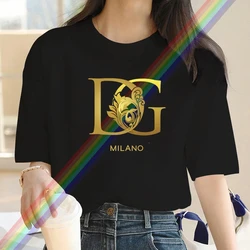 Gold Letter-printed Women's T-shirt Summer Casual Luxury Brand Short-sleeved Shirt Pure Cotton Street Women's Plus Size Top