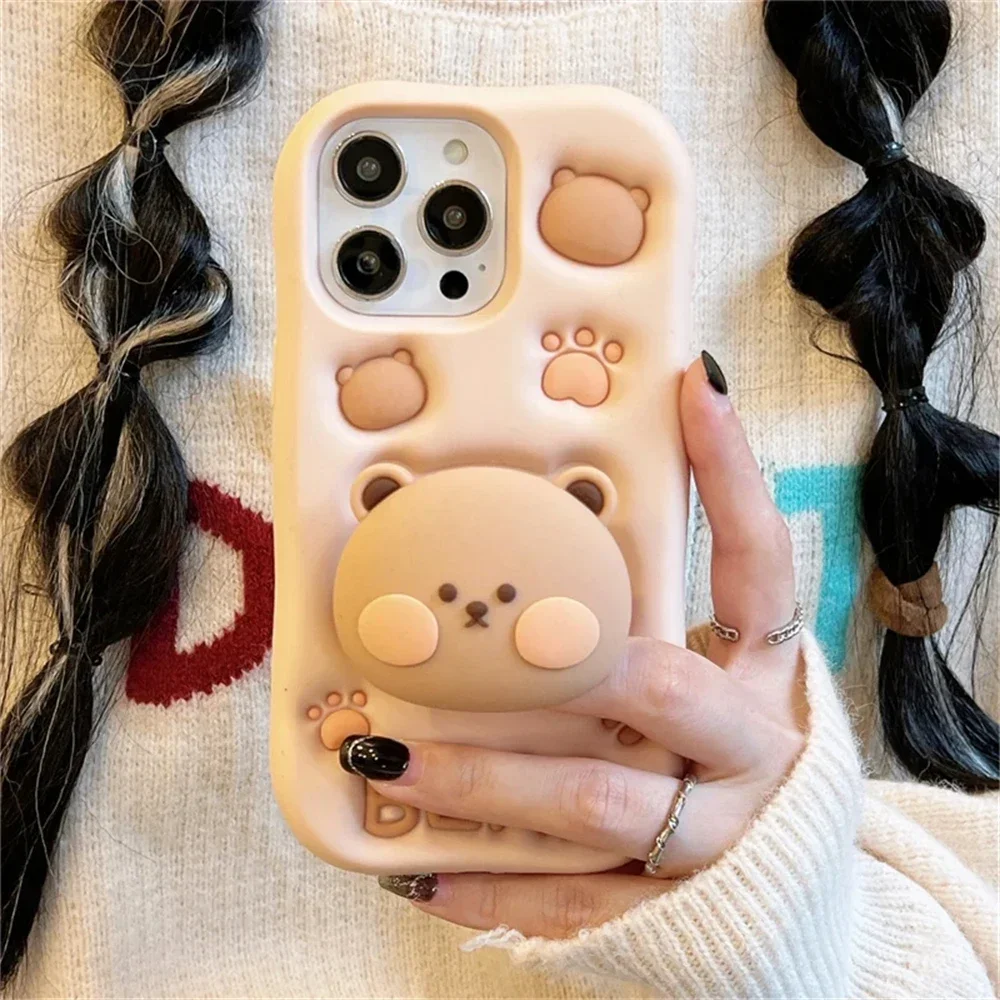 3D Cute Brown Bear Hidden Holder Soft Silicone Phone Case For iPhone 15 14 13 12 11 Pro Max Cartoon Anti-drop Protective Cover