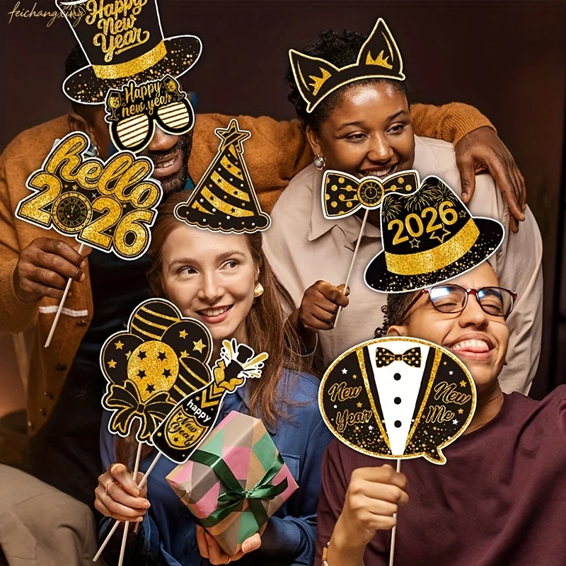 30 Stück 2026 Silvester-Partydekorationen, goldene schwarze Papier-Foto-Requisiten mit festlichen Hüten, Schnurrbärten, „Frohes Neues Jahr“-Schildern