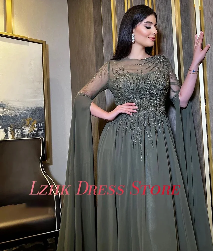 Abito da sera con paillettes a trapezio in chiffon squisito personalizzato Abiti da celebrità lunghi fino al pavimento con maniche lunghe o-collo di alta qualità