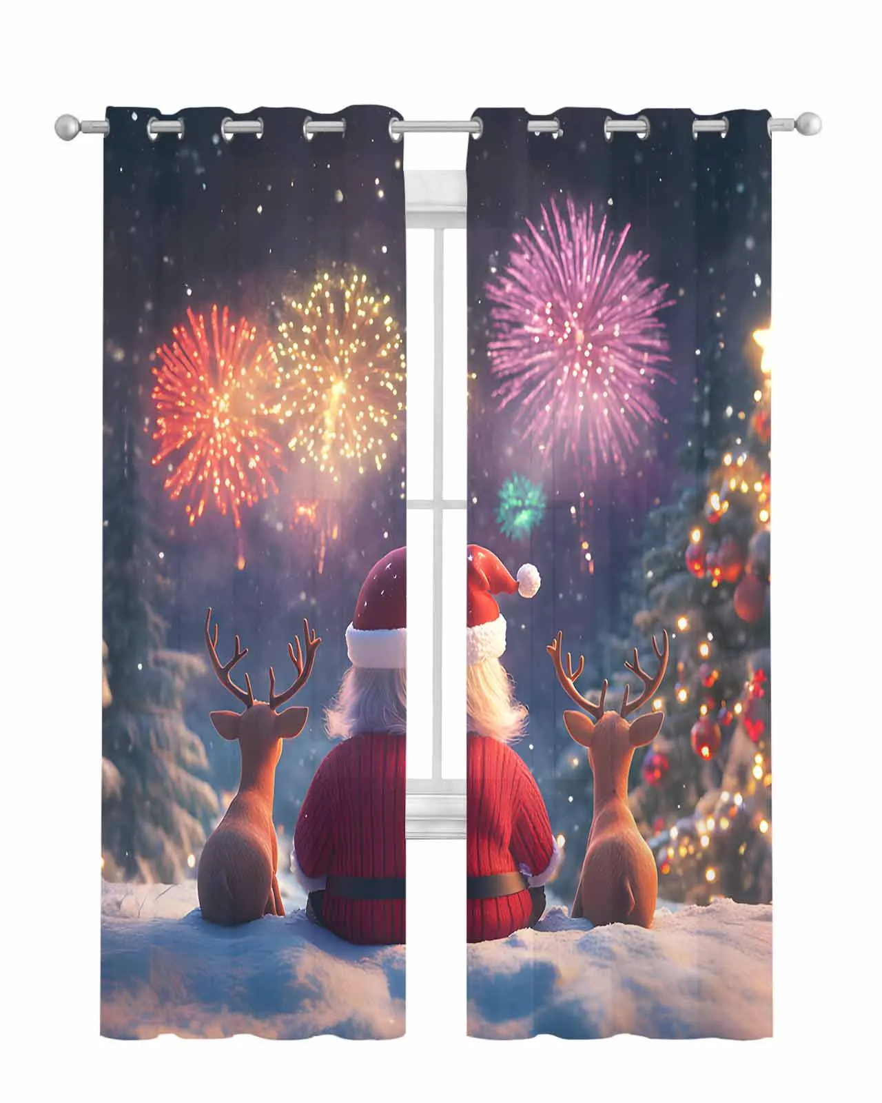 Christmas Tree Old Man Reindeer Curtain Tulle Curtains For Living Room Kitchen Window Treatments Voile Curtains