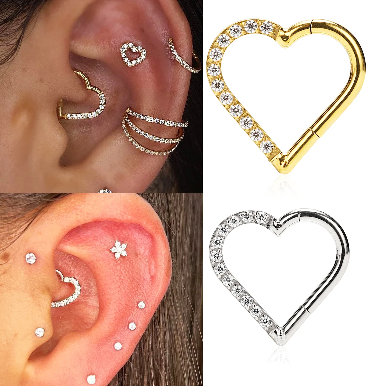 ASTM F-136 G23 Titanium Heart Shaped Daith Ring Helix Cartilage Clicker with CZ Ear Tragus Segment Piercing Body Jewelry Gift