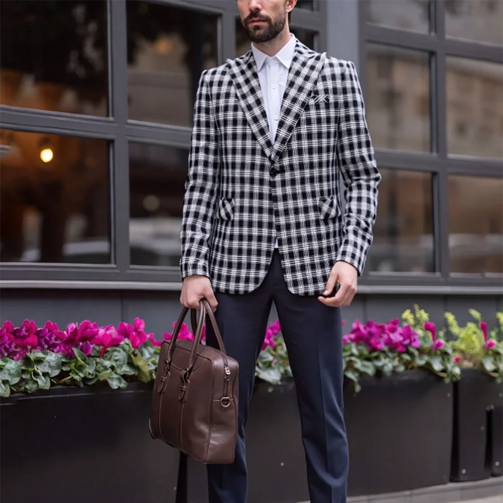 

Slim Fit Plaid Suit For Men High Quality Peaked Lapel Single Breasted Business Formal Male Outfit Daily Office Work Male Set