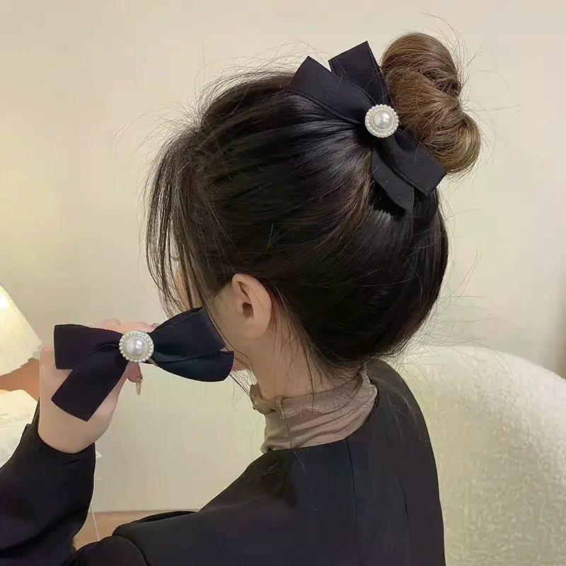 Суперэластичный-бархат-с-жемчугом-простой-темперамент-черная-веревка-на-голову-резинка-для-волос-с-бантом-резинка-для-завязывания-волос