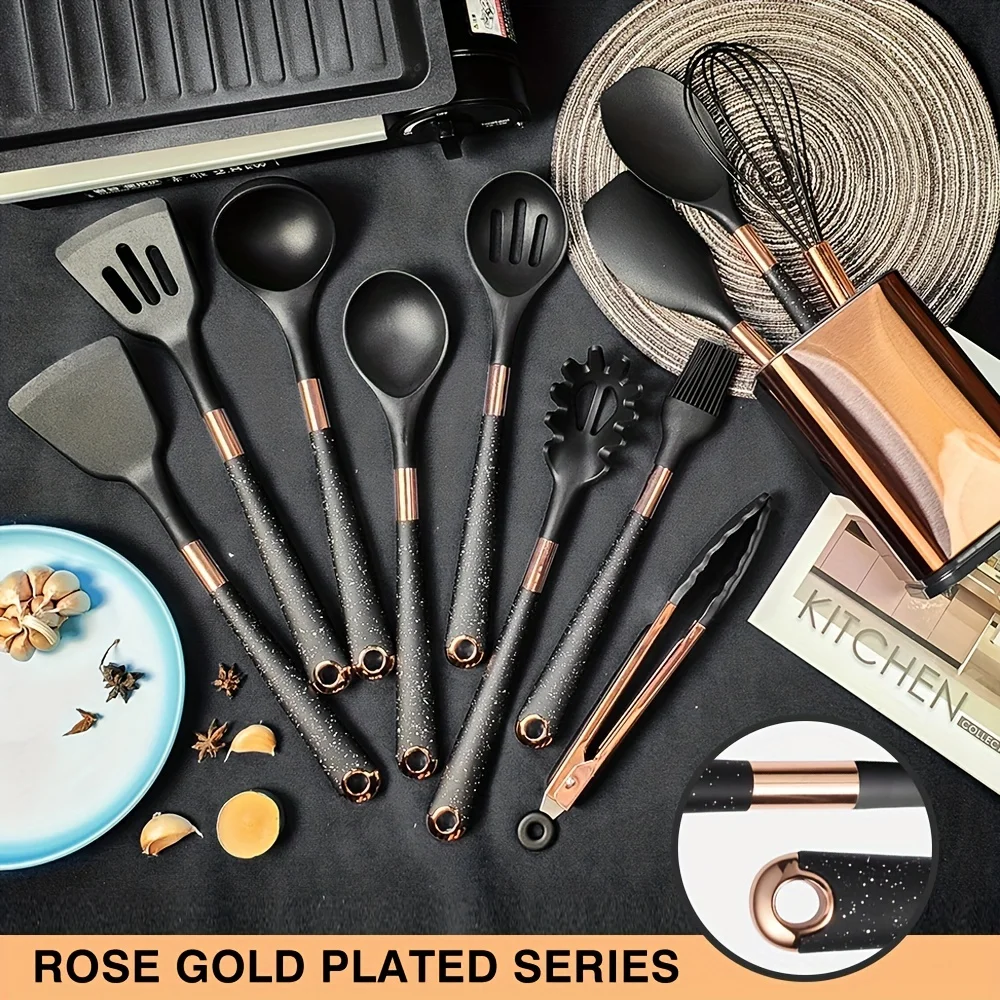 5-13pc Non-Stick Kitchen Silicone Utensil Set - Upgrade Your Kitchen with Gold-Plated Handles Cooking Tools Spatula Spoon Kit