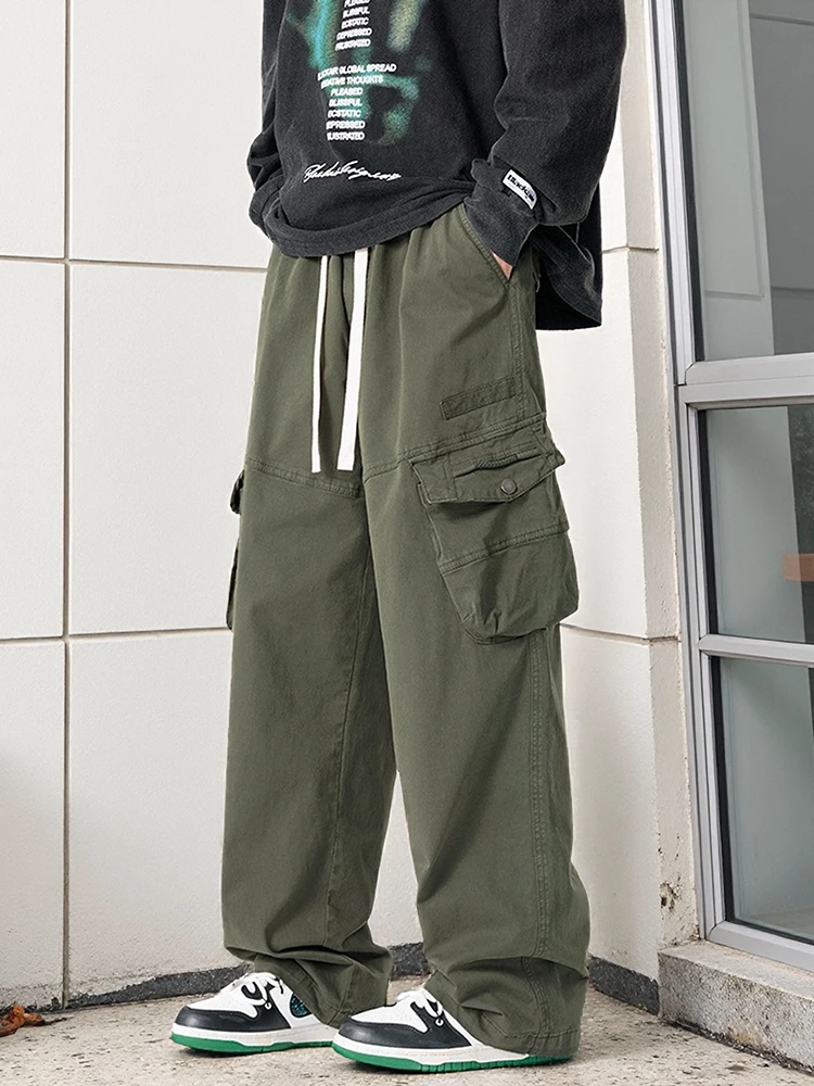 

Men's Straight Cargo Pants with 4 Pockets Washed Cotton Drawstring Elastic Waist Wide Leg Workwear Casual Pants Loose Fit