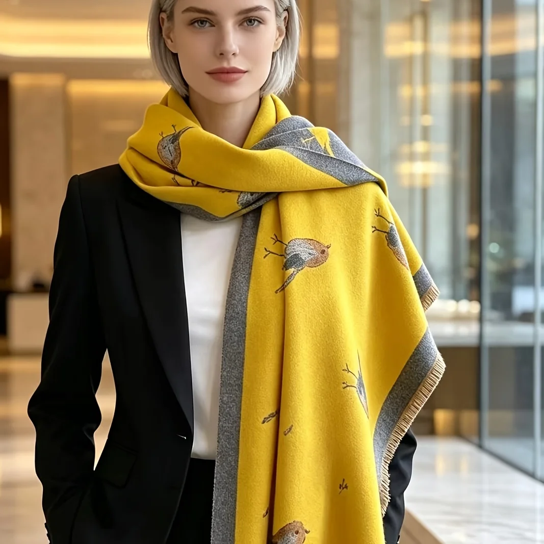 1 Piece of New Autumn and Winter Women's Thickened Warm Scarf with Bird Pattern, High-End Jacquard, Casual Tassel Scarf, Fashionable Head Wrap, Versatile Accessory for Going Out