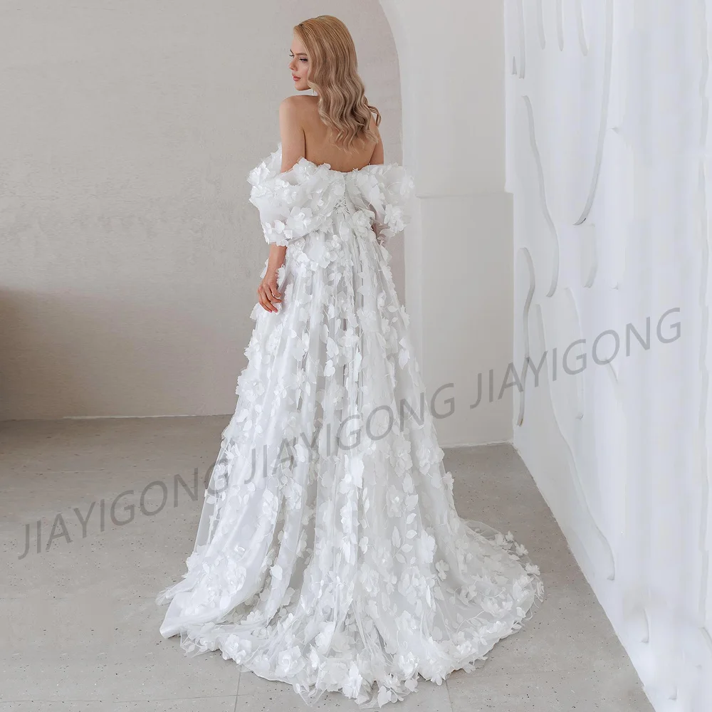 Flower Wedding Dress Romantic Princess Bridal Gown Off The Shoulder 3D Flowers Split Robe De Mariage Custom Color Bride Dresses