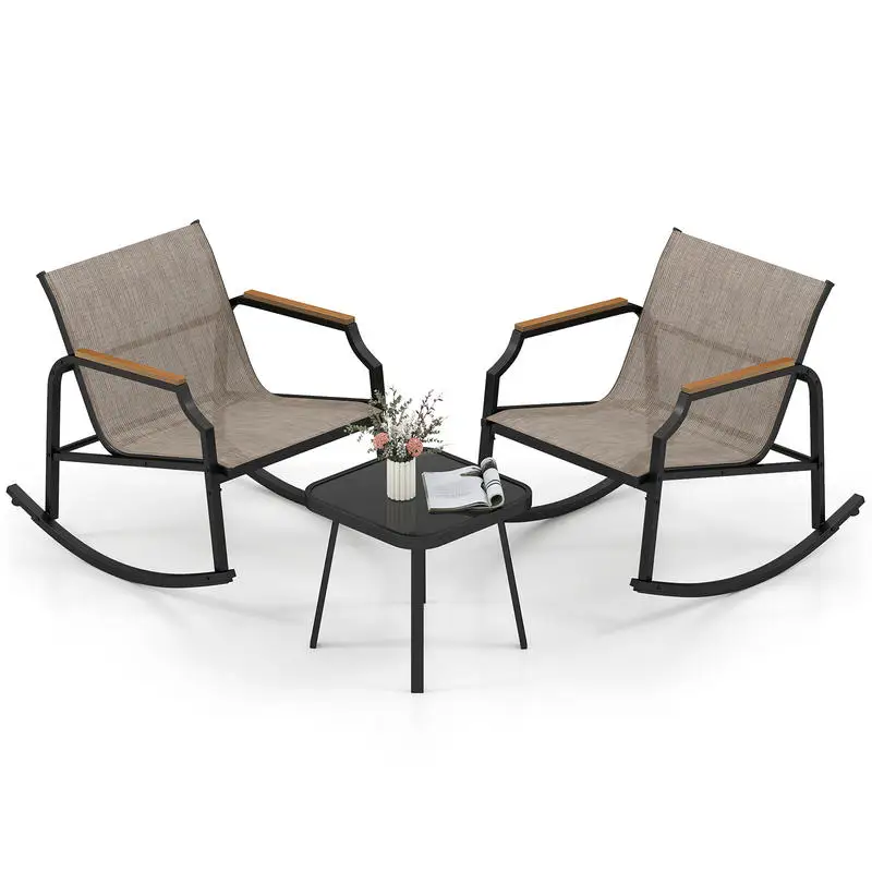 

3 Piece Patio Rocking Bistro Set with Tempered Glass Coffee Table and Armrests for Porch-Brown