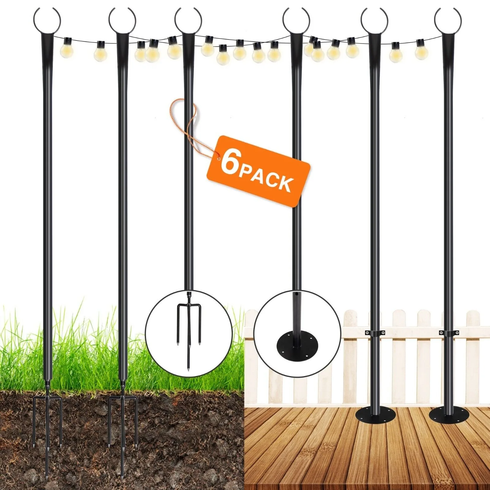 US 6-piece outdoor string light pole LED solar bulb backyard decorative pole-