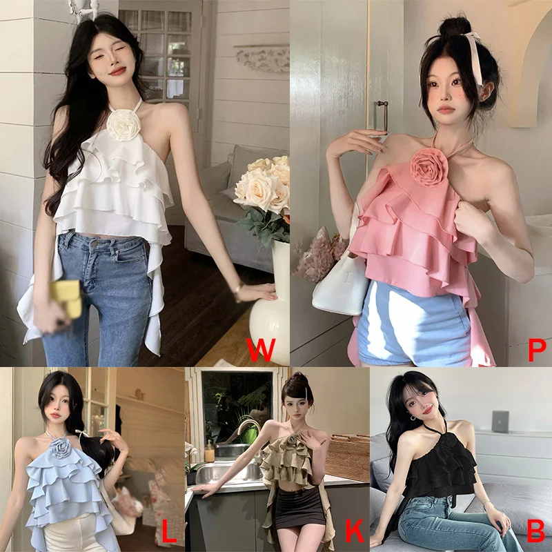 Women\'s Chiffon Vest Ruffle Neck Backless Sweet Flowers Sling Casual Crop Top All Match Sexy Hot Girl Streetwear Summer