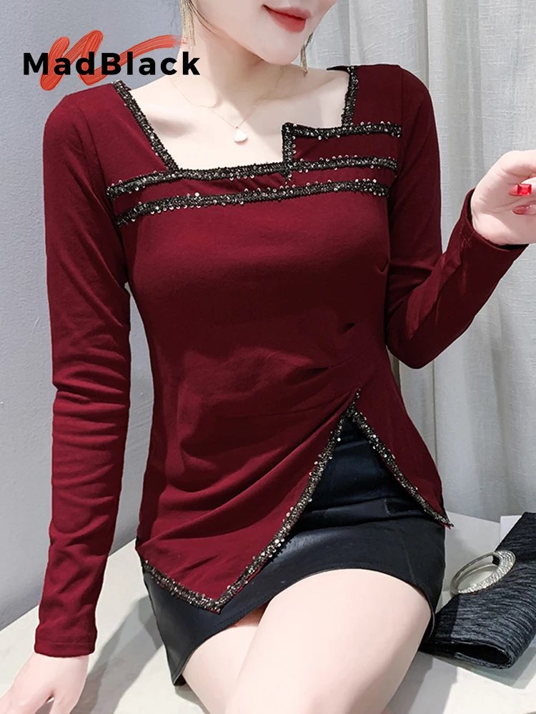 MadBlack, European Clothes T-Shirt, Sexy Women Square Collar Sequins Tops, Long Sleeve Irregular Slim Tee, Fall Winter T40023CC