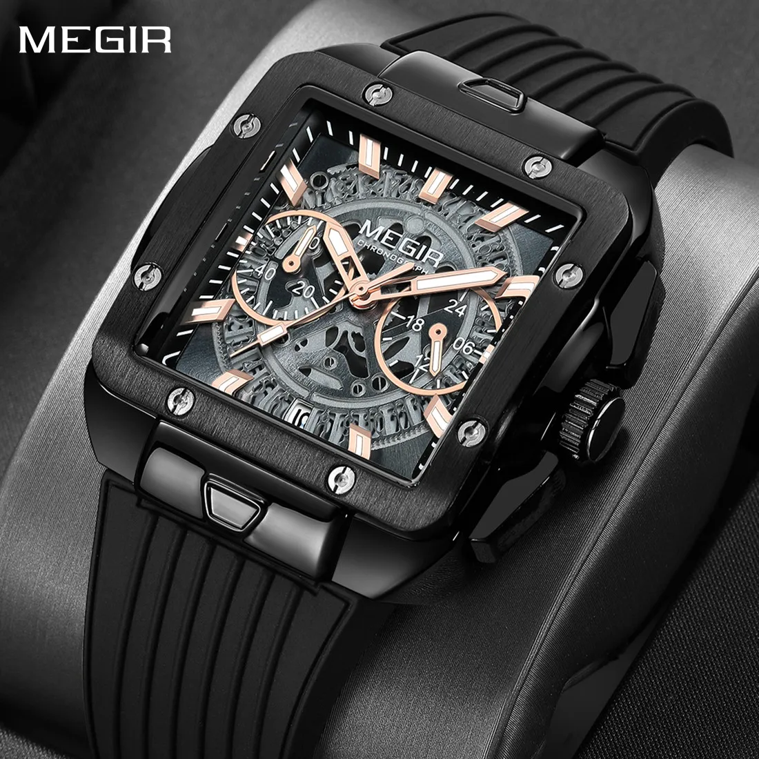 

Fashion Top Brand Megir 2228 Men Luxury Sport Quartz Silicone Square Dial Watches Luminous Chronograph Male 24-hour Reloj Hombre