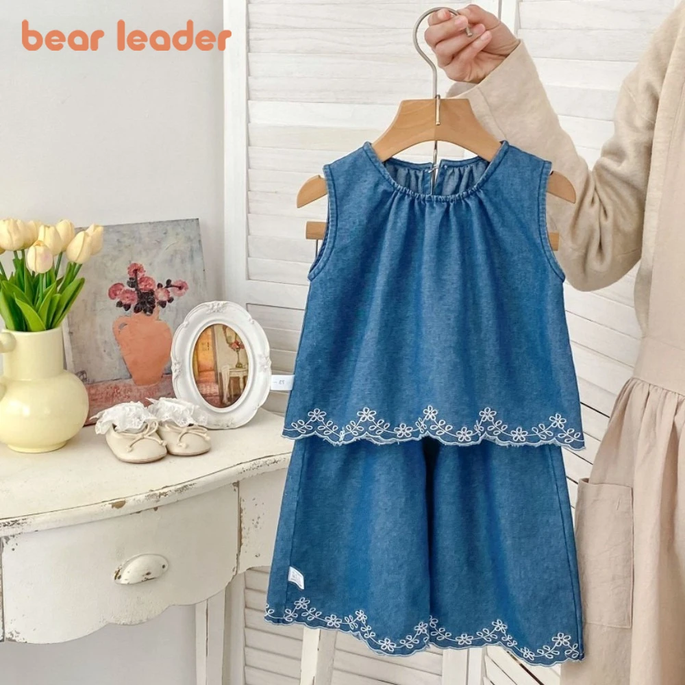 

Летняя детская одежда с синим принтом Bear Leader, модный однотонный топ без рукавов для девочек + широкие брюки, комплект из двух предметов