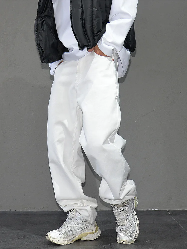 Men's Solid White Loose Straight Jeans, Korean Minimalist Fashion All Match Casual Trousers