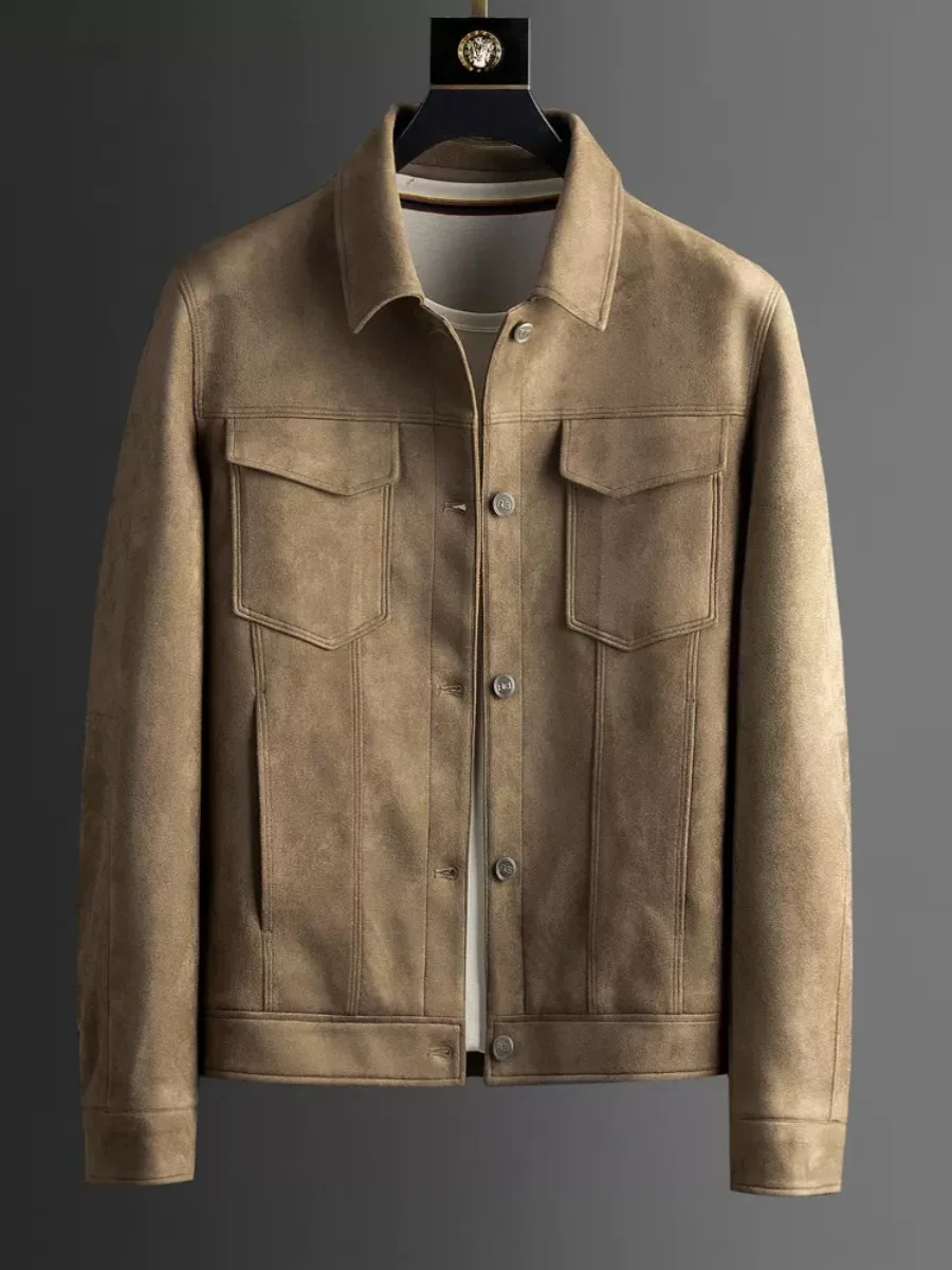 

Мужская замшевая куртка свободного кроя для повседневной носки, весенне-осенняя верхняя одежда, приталенный силуэт, из полиэфирного волокна, с длинными рукавами и отложным воротником