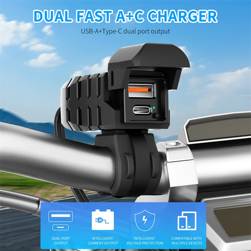 

PD+QC 3.0 Motorcycle USB Fast Charger Handlebar Dual USB Socket Waterproof 12V Power Supply Adapter