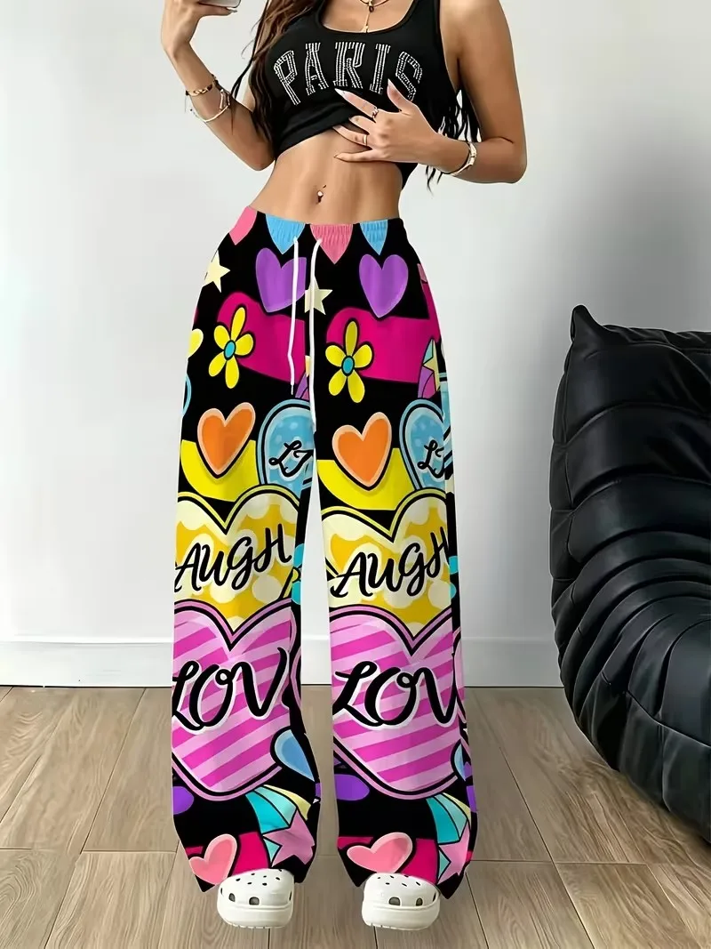 3D heart-shaped printed pants, women's new autumn sports pants, fashionable pocket drawstring comfortable versatile pants