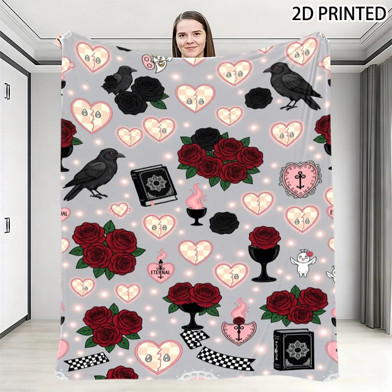 Gothic Whimsical Print Throw Blanket, Dark Romantic Pattern with Crows, Roses & ETERNAL Lettering, Multiple Specifications Avail