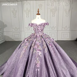 Purple Vestidos de 15 Quinceañera Off The Shoulder Shiny Ball Gowns Flower Quinceanera Dresses