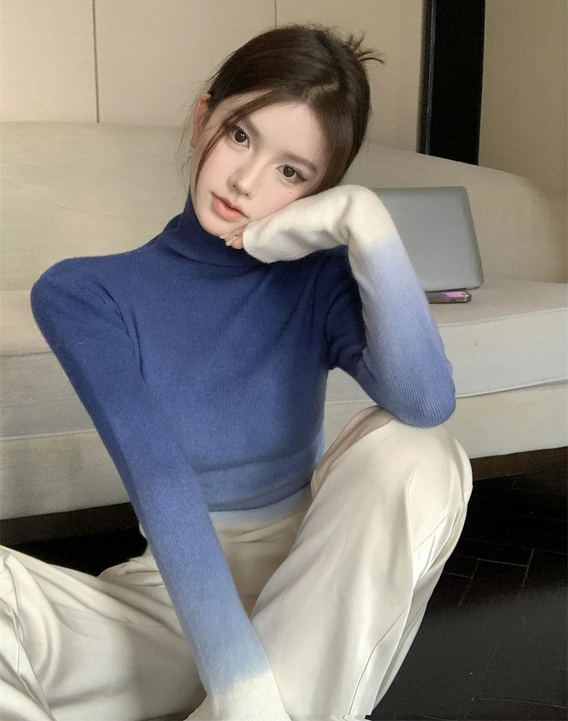 KUSAHIKI Gradient Color Turtleneck Bottoming Knitwear Top Women Autumn Winter 2023 New Slim Stretch Pullover Knitted Sweaters