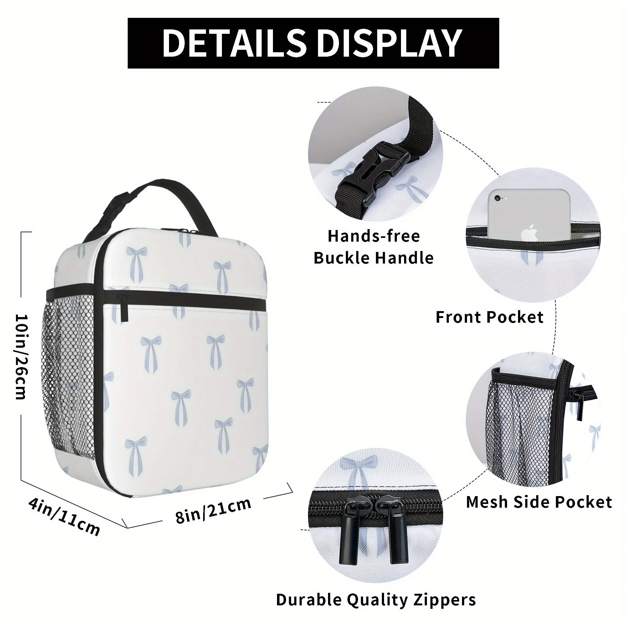 1pc a Thermal Bag Featuring Blue Bows on a White Backdrop. This Insulated Bag Is Not Intended for Direct Food Contact And Is Ide