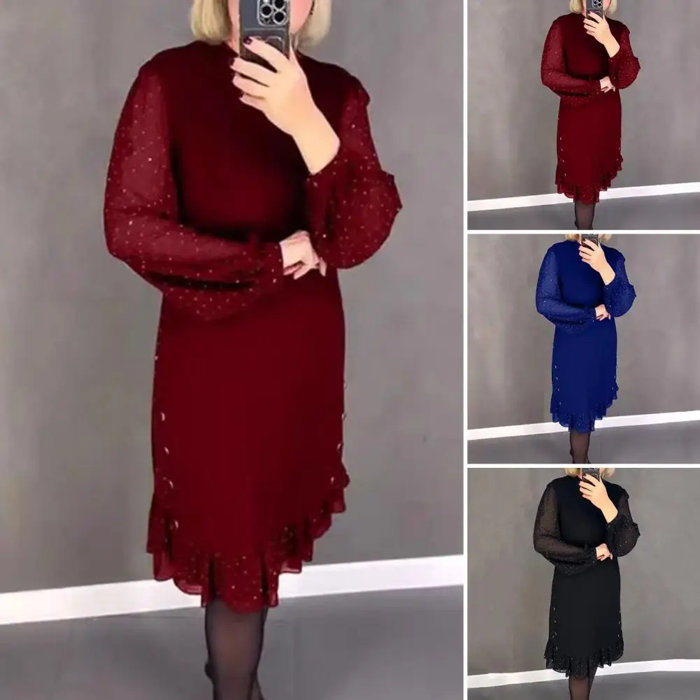 

Dot Print Dress Elegant Knee-length Midi Dress with Mesh Balloon Sleeves Ruffle Hem for Mid-aged Women's Commuting Shopping