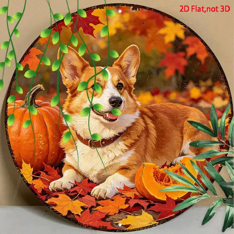 2D Flat Funny Metal Decor Sign, Smiling Corgi On Autumn Leaves In Circle, Home Decor, Garden Decor, 2D Flat