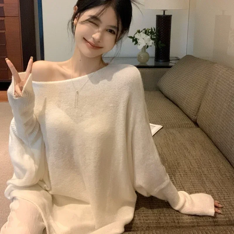

Свободные вязаные пуловеры для женщин в корейском стиле, уличная одежда нестандартной формы, элегантные, нежные, универсальные, Ulzzang, женские, простые, с напуском, на каждый день
