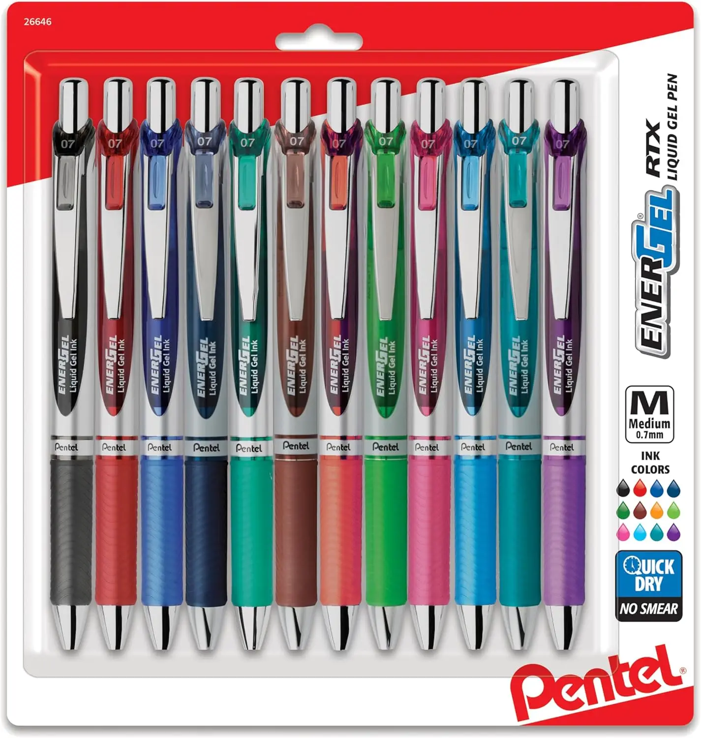 

Retractable Liquid Gel Pens, 0.7mm Assorted Colors, Pack of 12 for Office, School & Journaling