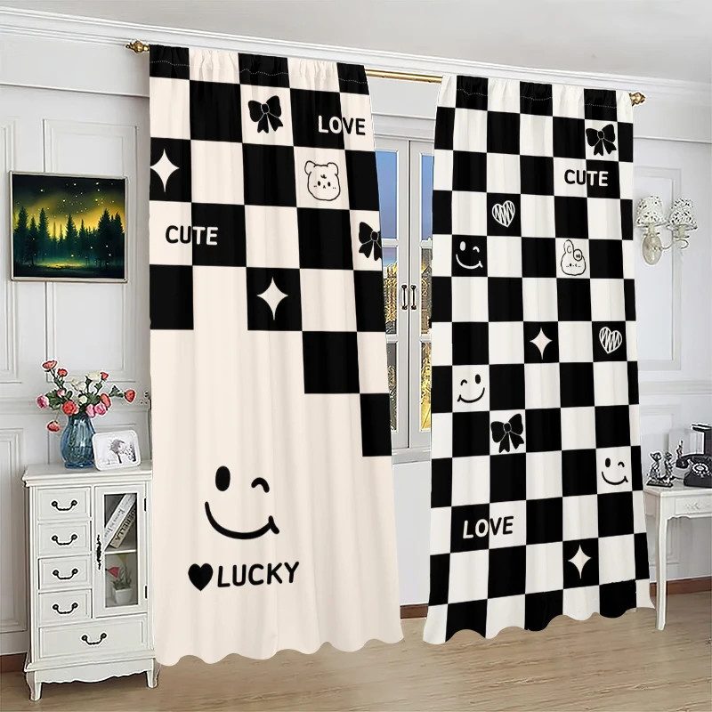 Two-tone check -2 pieces - printed curtain, 100% polyester, suitable for home decor