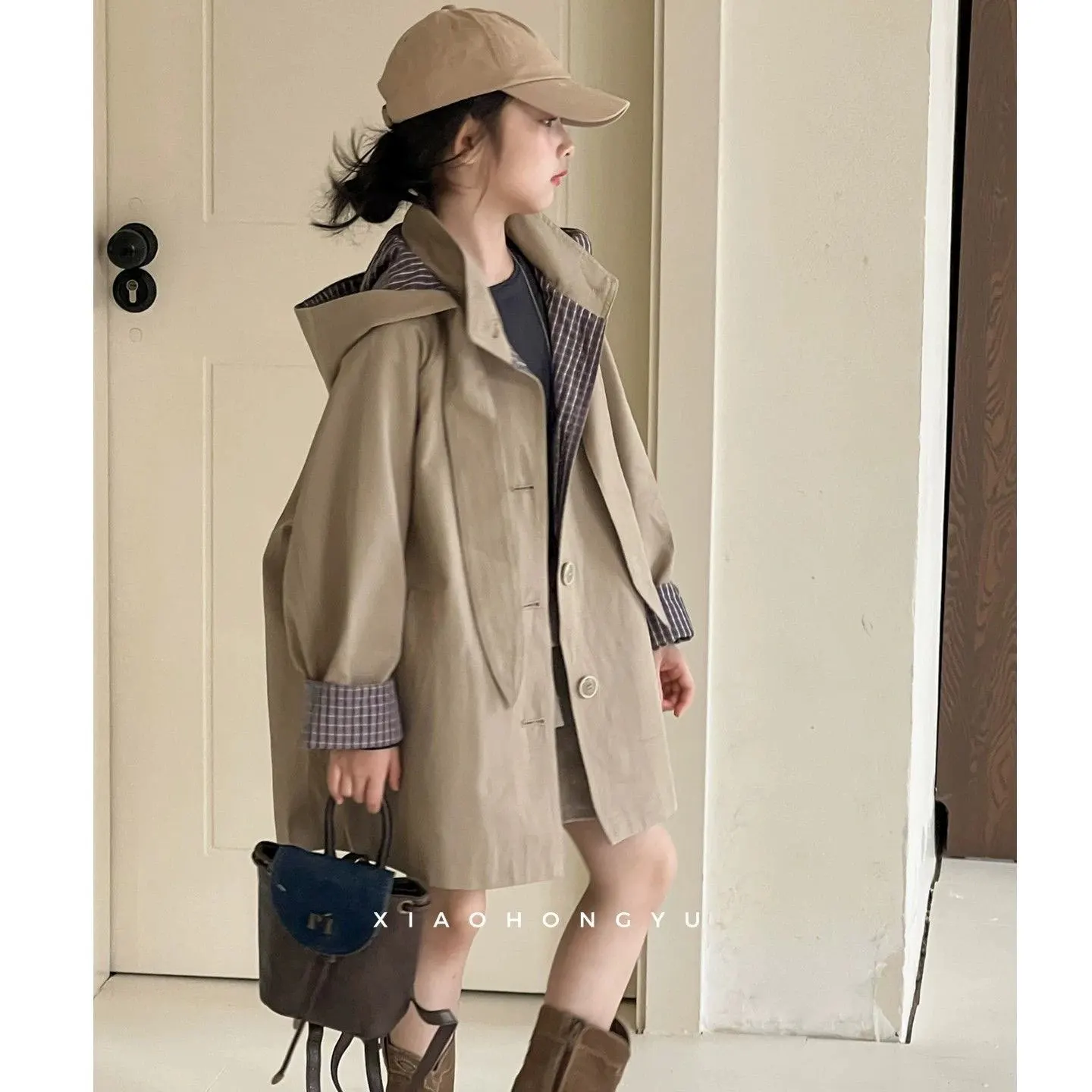 Girls Trench Coat Spring Autumn New Children Khaki Hooded Windbreaker Fashion Plaid Lined Coat Girls Outerwear